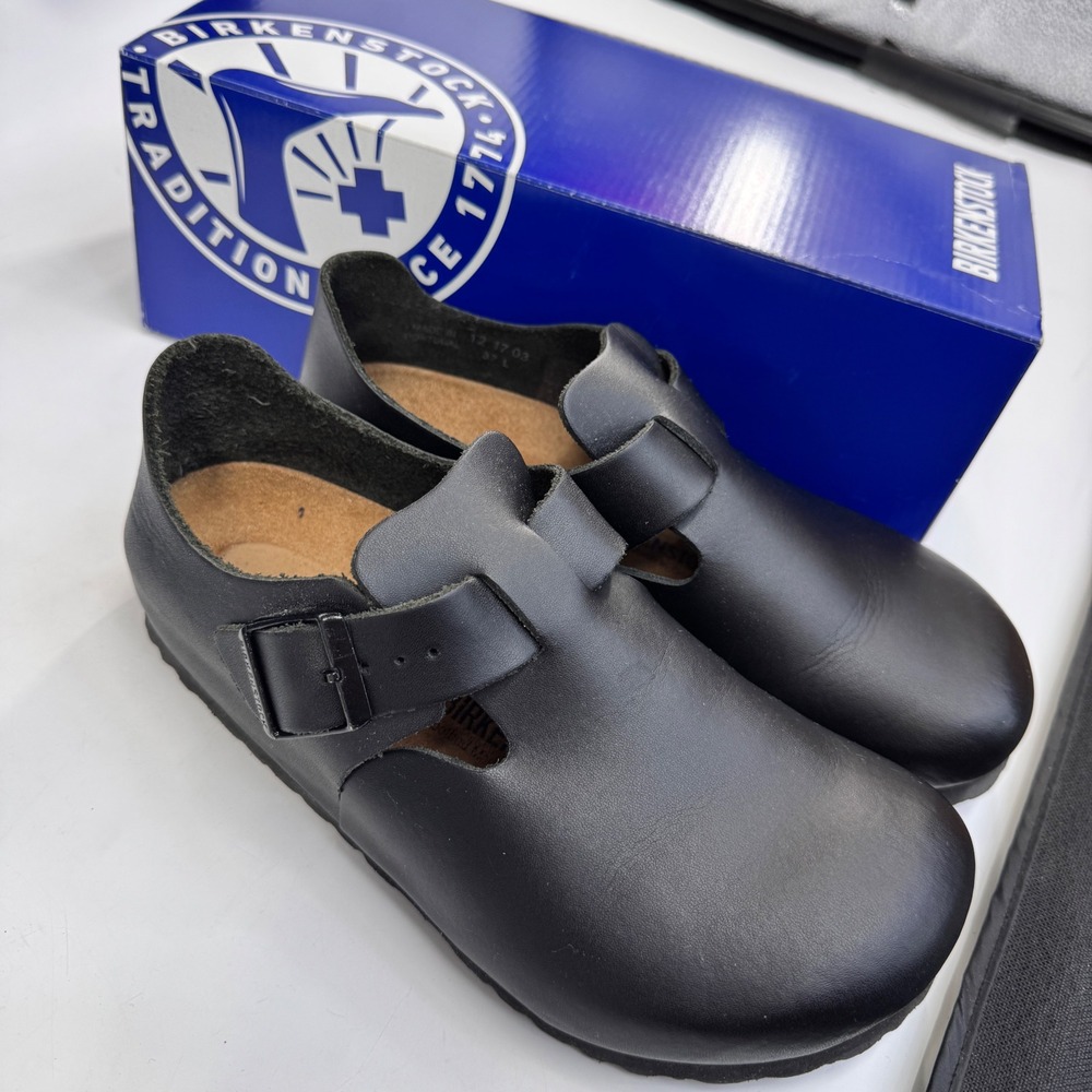 Birkenstock London Shoes Womens 37 US 6-6.5 Black Leather Clog Comfort Footbed